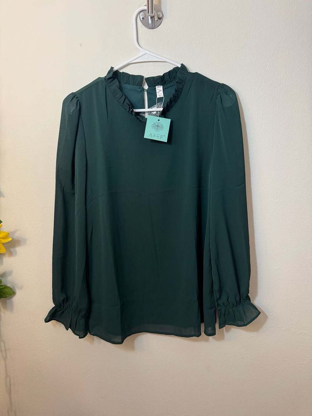 Aifer Women's Emerald Green Ruffle Mock Neck Long Sleeve Blouse